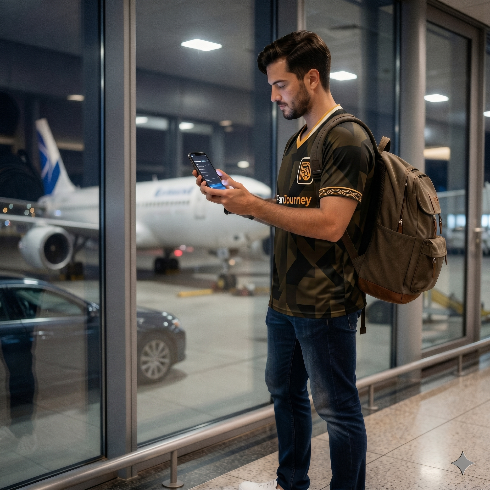 Fan usando FanJourney en el aeropuerto